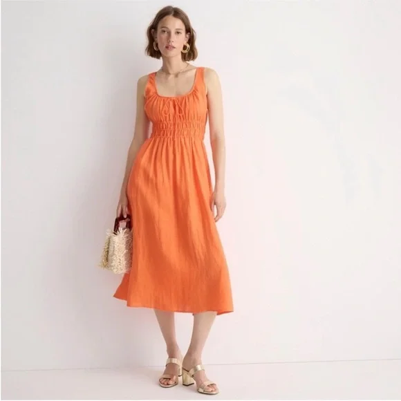 J.Crew Smocked Midi 100% Linen Dress in Tangerine Orange sz. M - Picture 1 of 8
